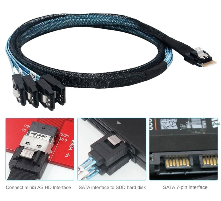 Mini SAS 4.0 SFF-8654 4i 38 Pin Host to 4 SATA 7 Pin Target Hard Disk Raid Cable 0.5m