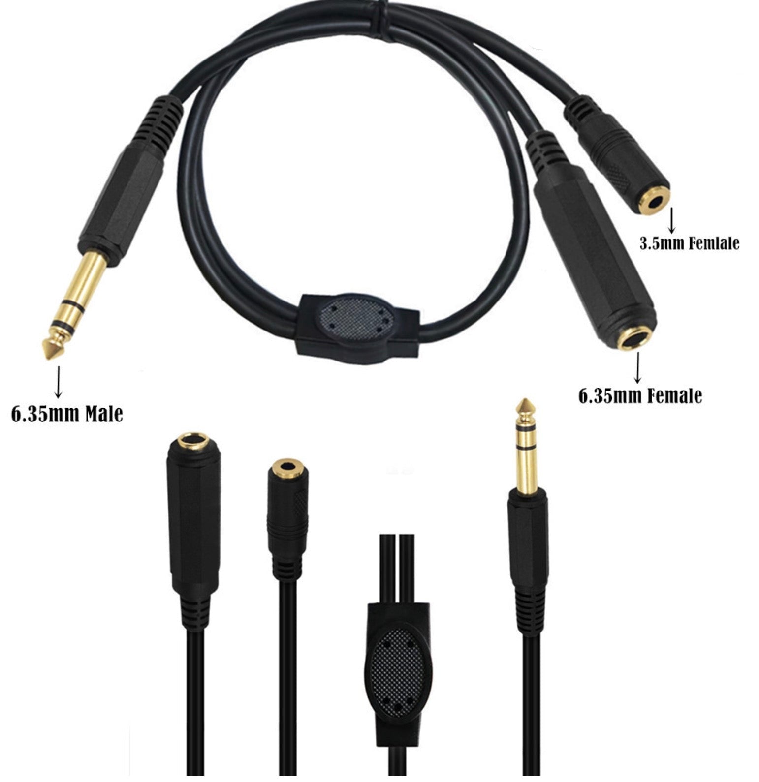 6.35mm 1/4" inch Male to 6.35mm Female + 3.5mm Female Stereo Headphone Guitar Extension Cable 0.5m