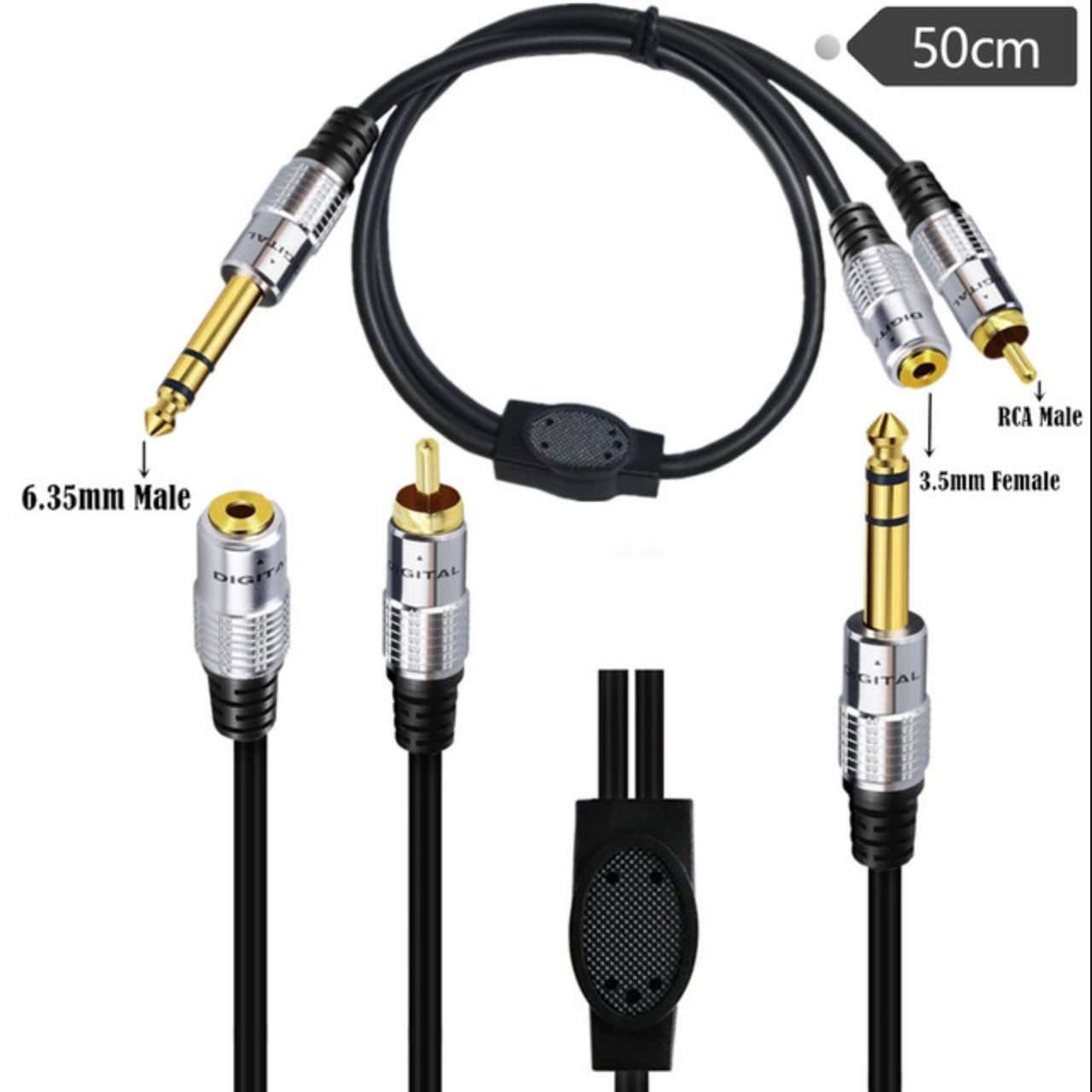 6.35mm Male to RCA Male + 3.5mm Female Y Audio Extension Cable 0.5m