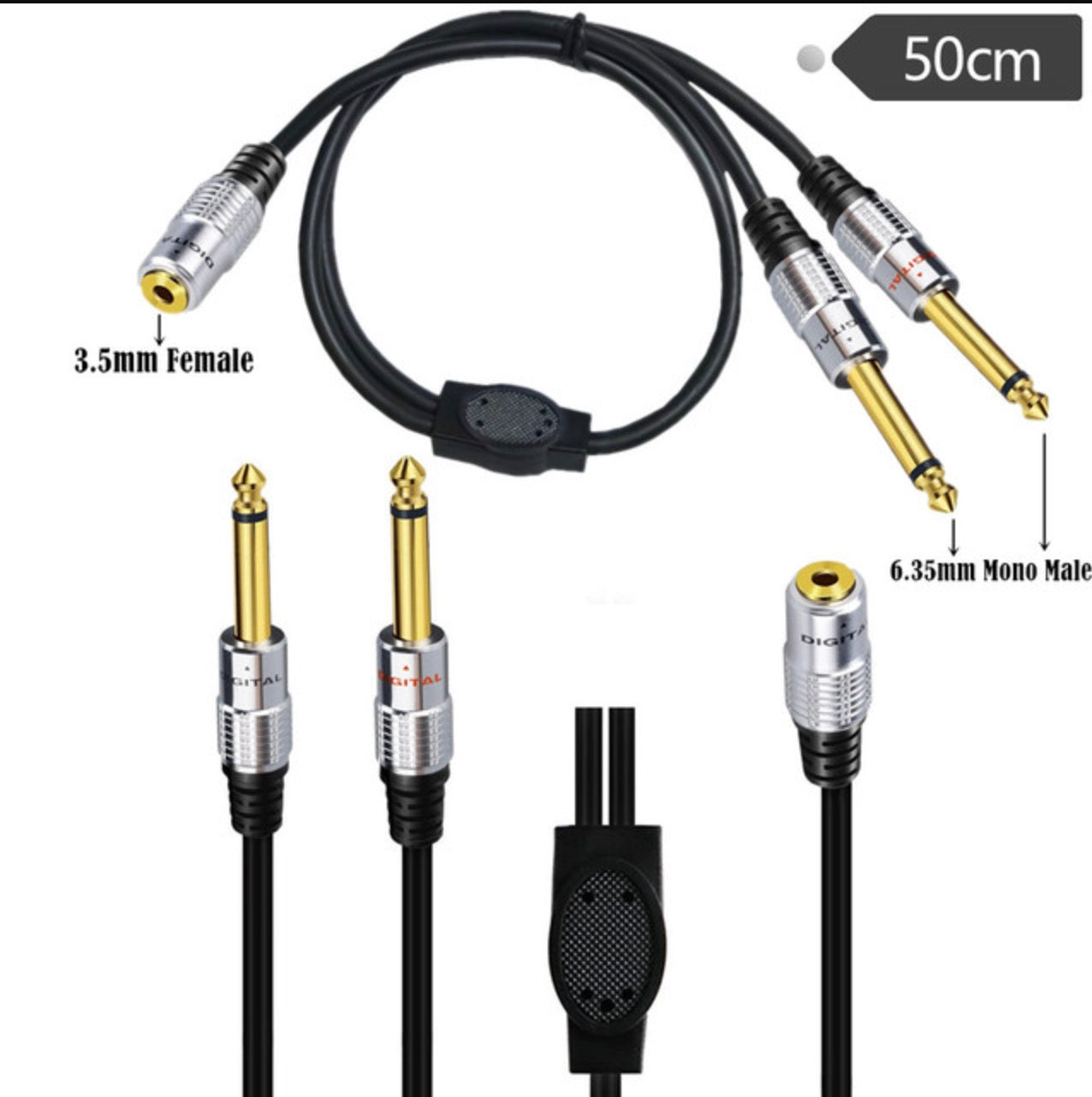 3.5mm 1/4" inch Female to Dual 6.35mm TS Male Stereo Headphone Guitar Extension Cable 0.5m