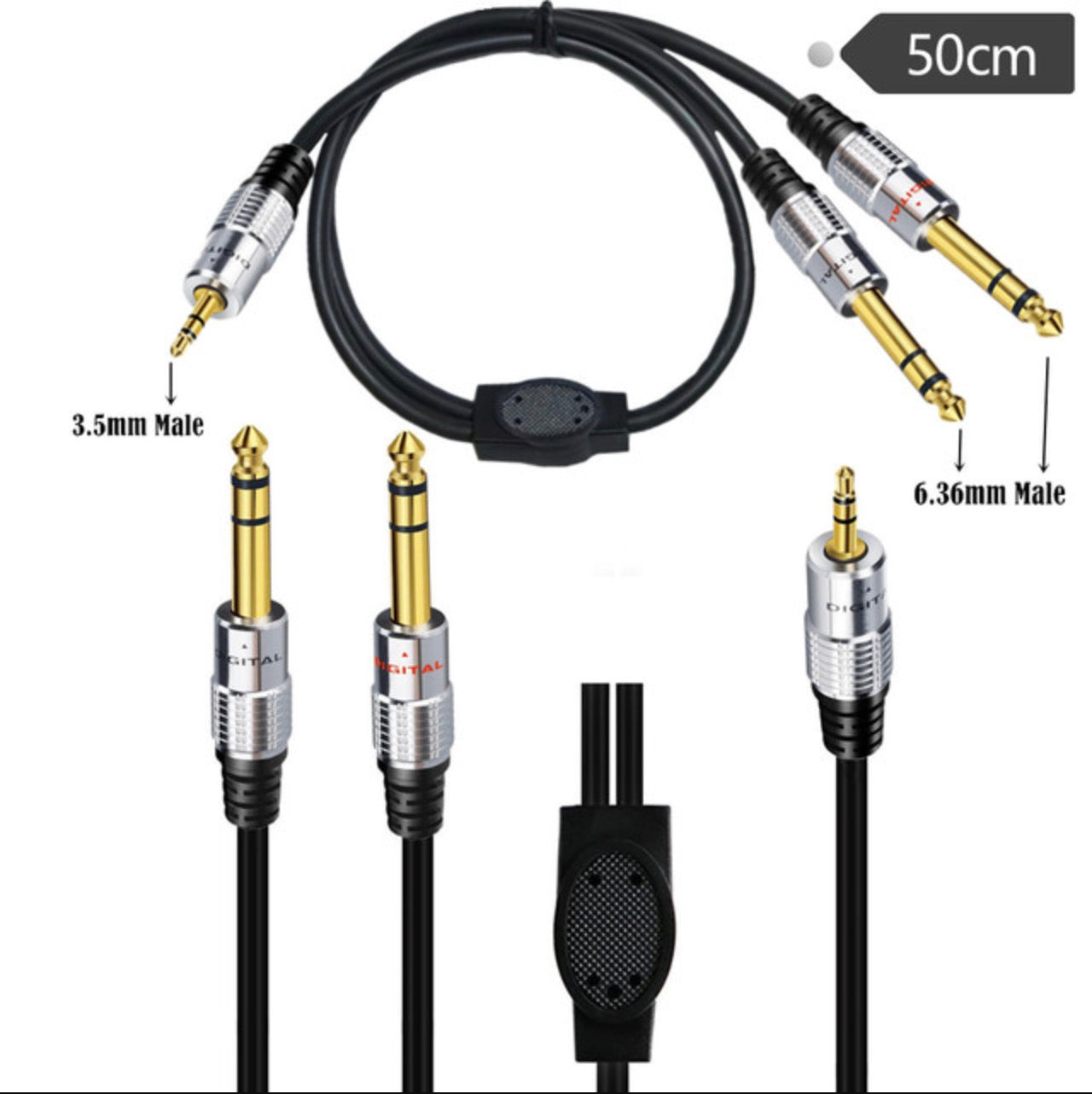 3.5mm 1/4" inch Male to Dual 6.35mm Male Stereo Headphone Guitar Extension Cable 0.5m