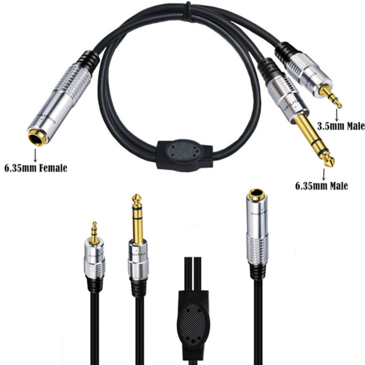 6.35mm Female to 3.5mm 1/4" inch Male + 6.35mm Male Stereo Headphone Guitar Extension Cable 0.5m