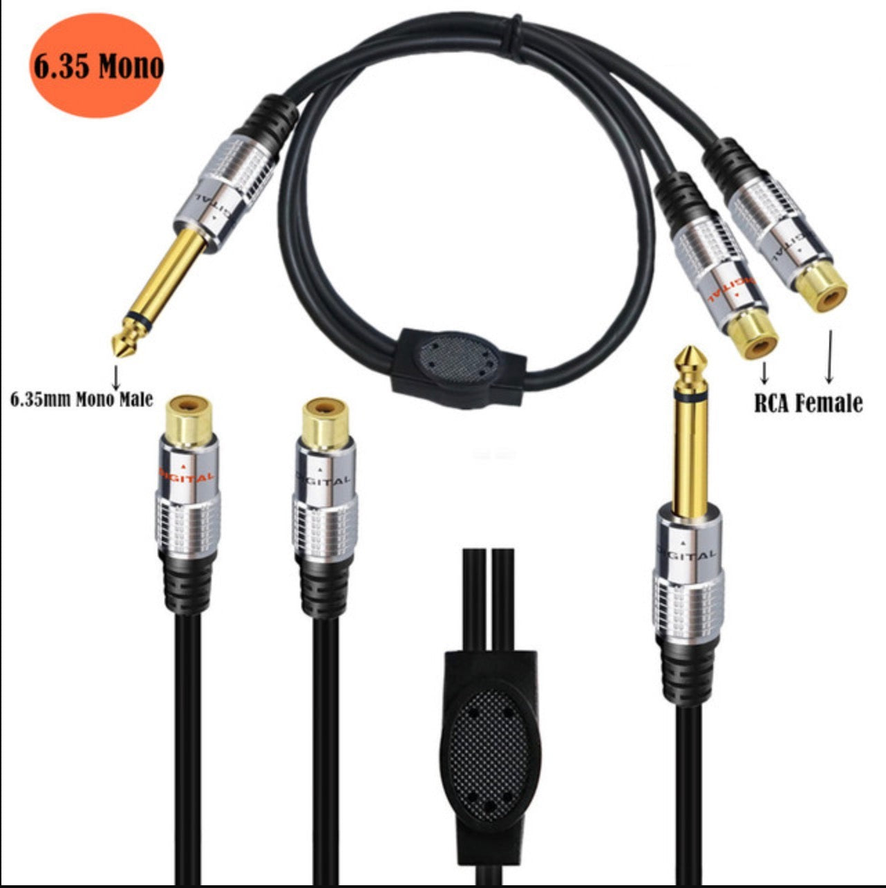 6.35mm TS Male to Dual RCA Female Stereo Headphone Guitar Extension Cable 0.5m