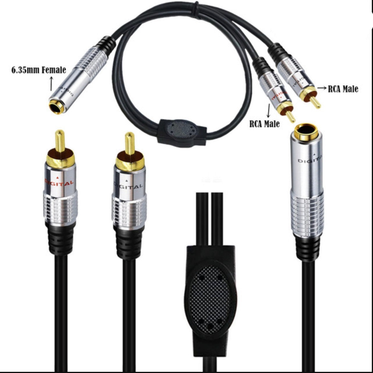 6.35mm 1/4 inch Female to 2 x RCA Male Splitter Audio Stereo Cable 0.5m