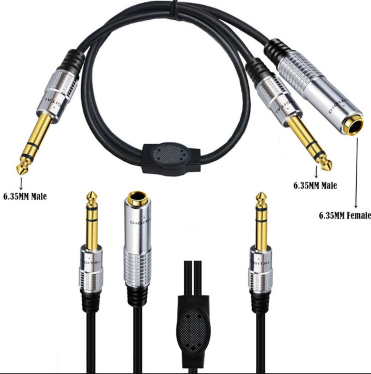 6.35mm Male to 6.35mm 1/4" Male + 6.35mm Female Stereo Audio Speaker Y Splitter Cable 0.5m