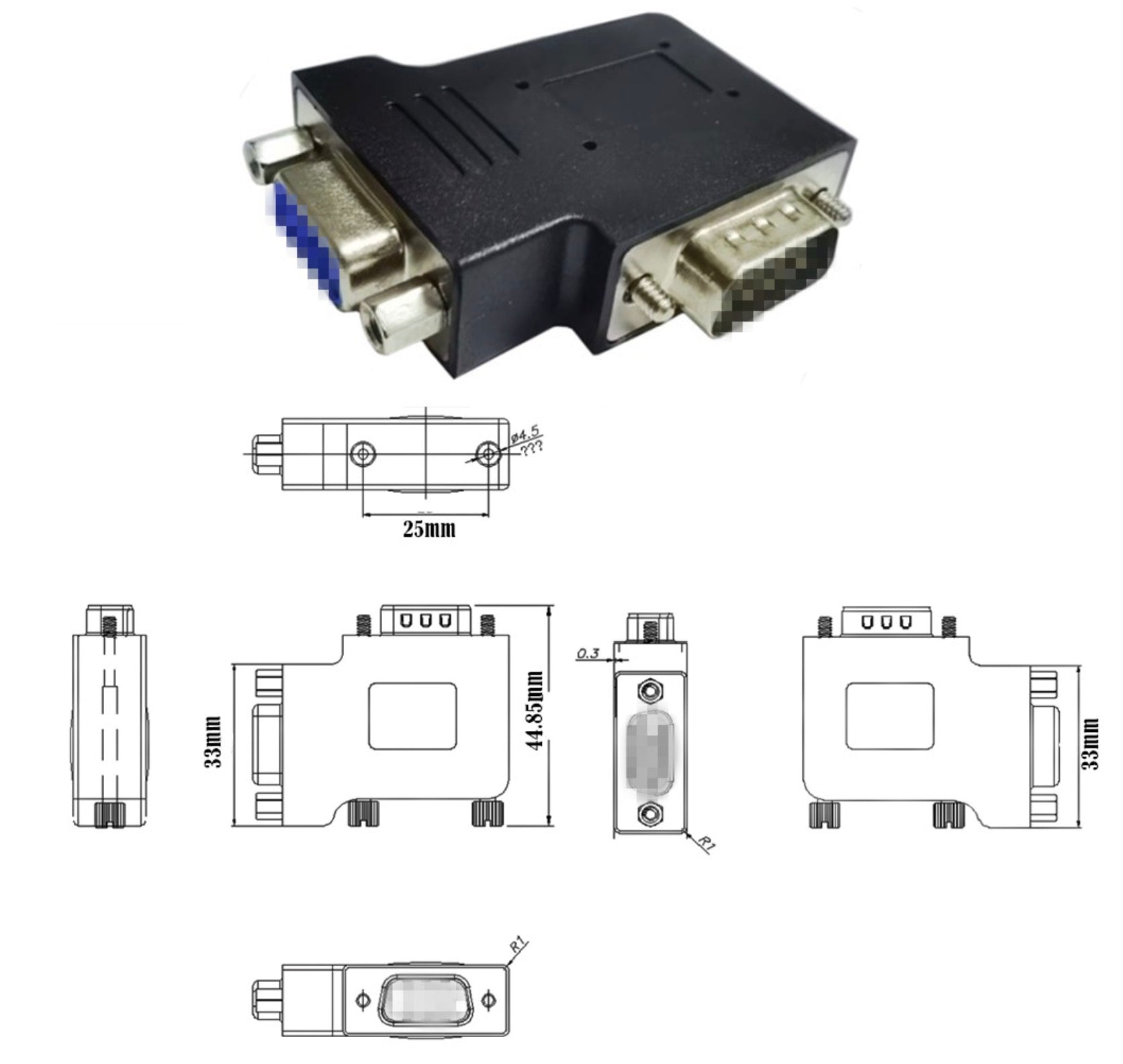 RS232 DB9 Male to Female Left & Right 90 Degree Changer Coupler Adapter