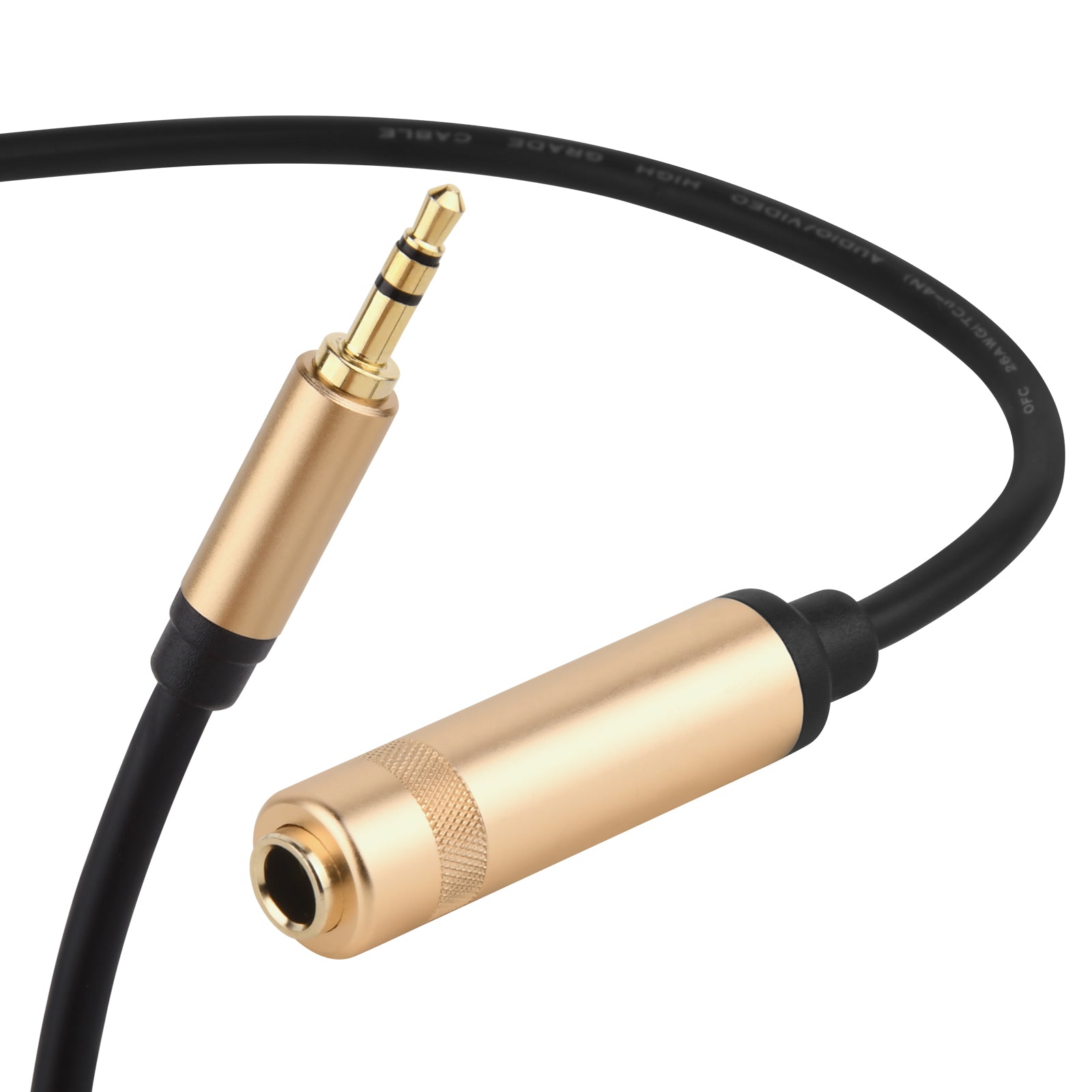 1 m black audio adapter cable coiled on white background.