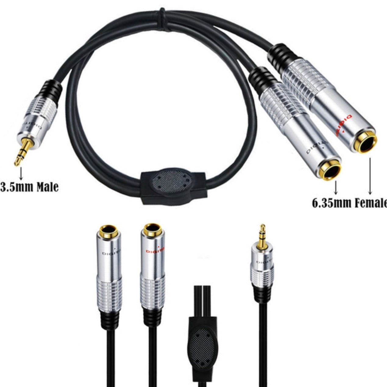 Overview of the 3.5mm to dual 6.35mm stereo audio splitter cable