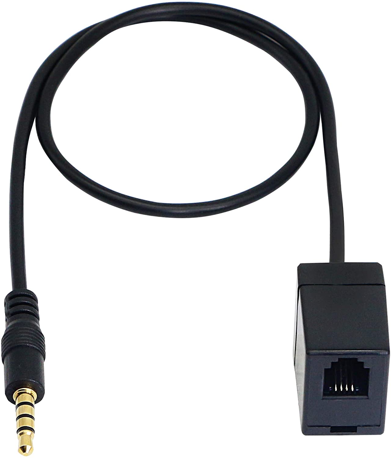 A black 3.5mm male to 4P4C RJ9 telephone female adapter cable.