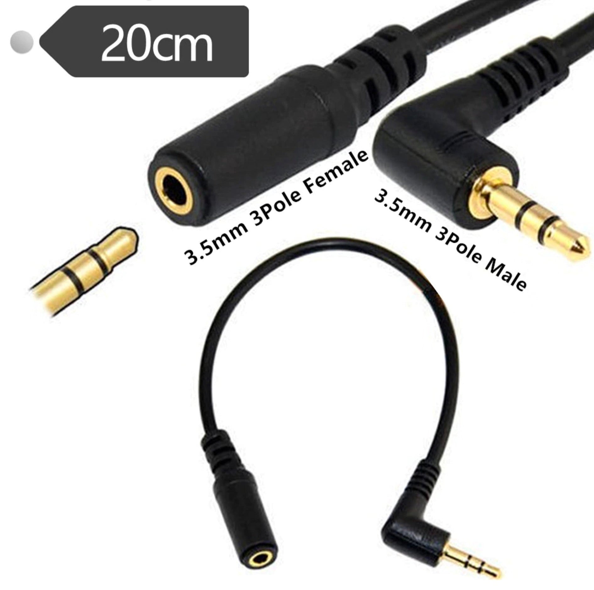 3.5mm 3 Pole Male to Female Stereo Audio Adapter Cable 0.2m