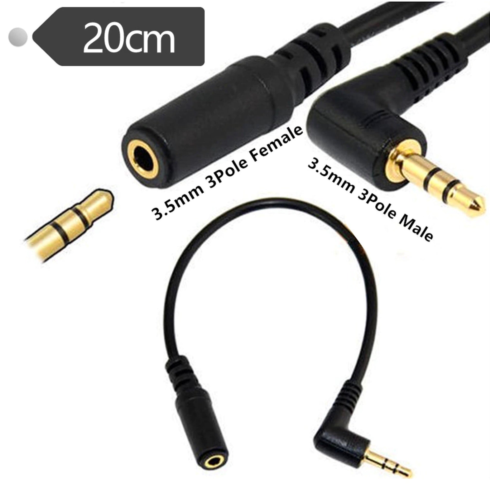 3.5mm 3 Pole Male to Female Stereo Audio Adapter Cable 0.2m