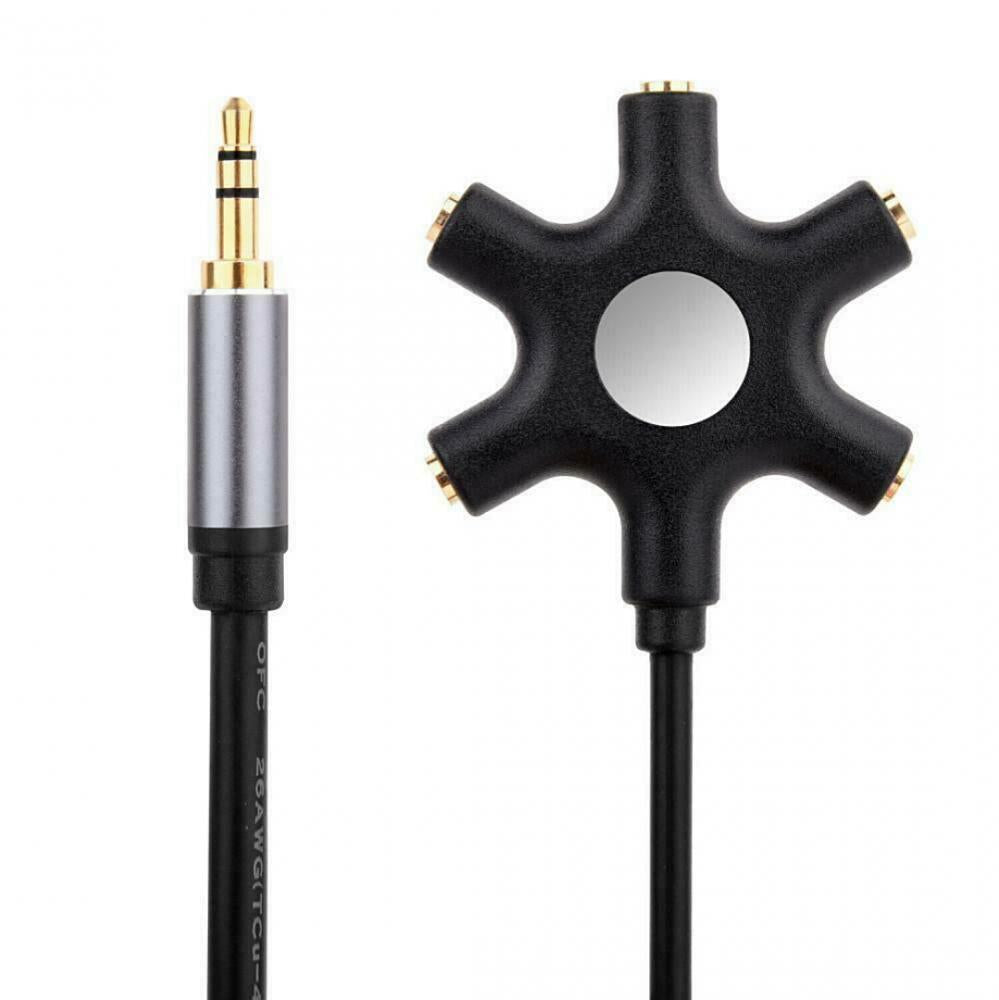 3.5mm Male to 5 x 3.5mm Female ports audio splitter cable, black in color, with a length of 0.3m.