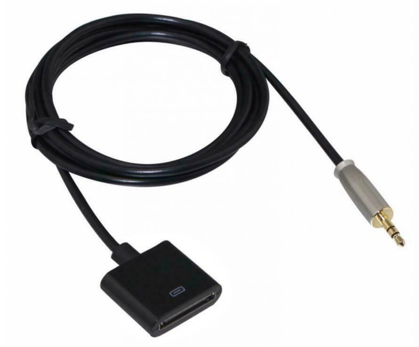 A black 3.5mm AUX to 30 pin female adapter cable designed for compatibility with Bose sound docks.
