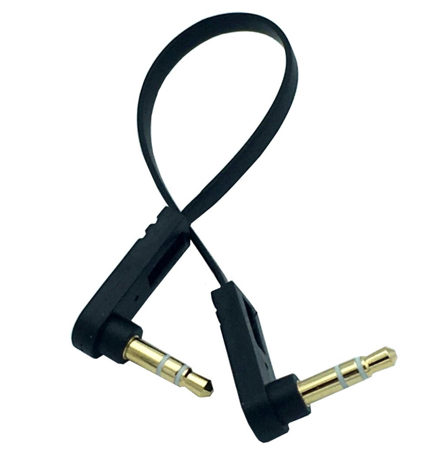 3.5mm 1/8" TRS Male to TRS Male Stereo Jack Audio Cable with a 90-degree angle and gold plated jacks.