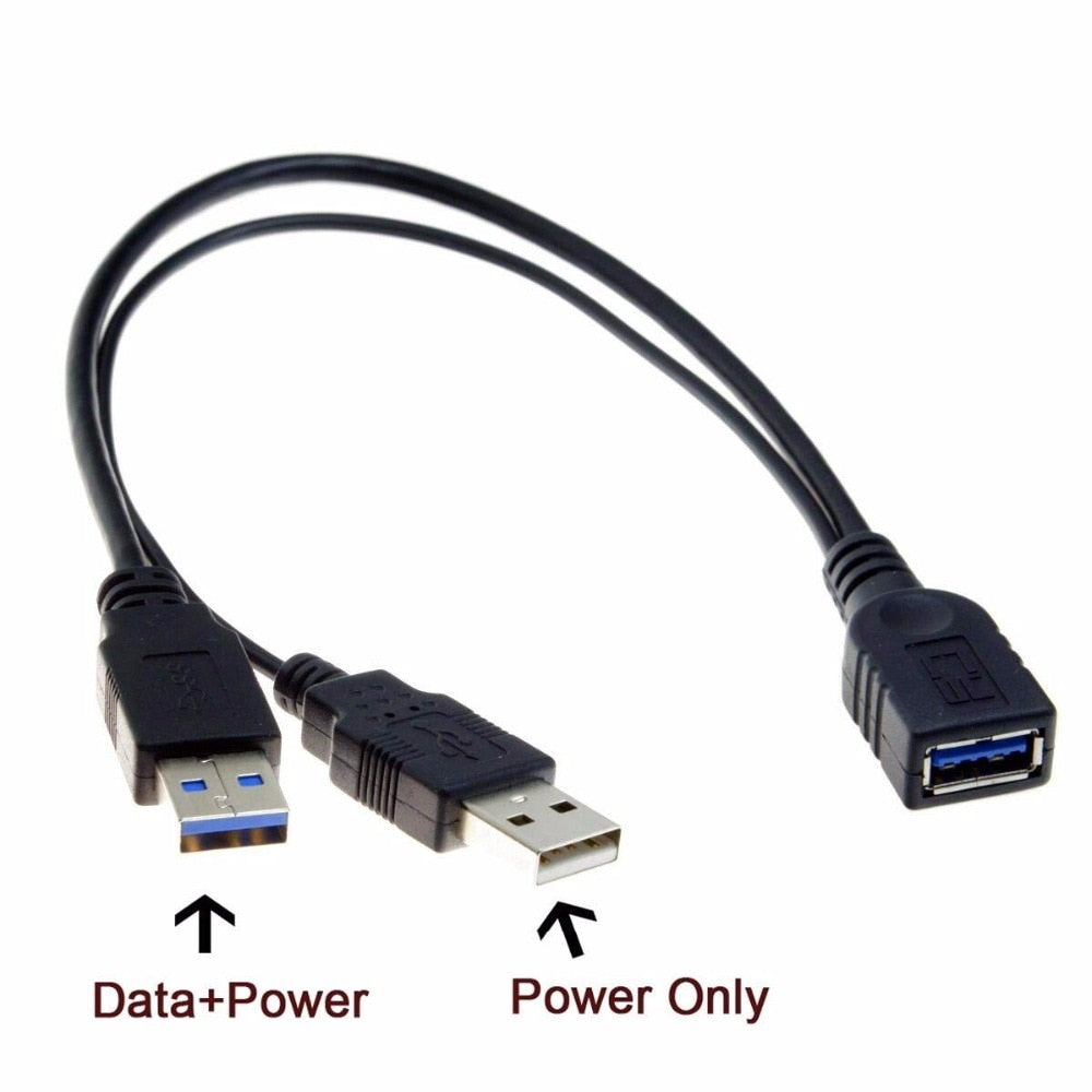 USB-A 3.0 Female to Dual USB-A Male Extra Power Data Y Extension Cable for 2.5" Mobile Hard Disk 0.3m