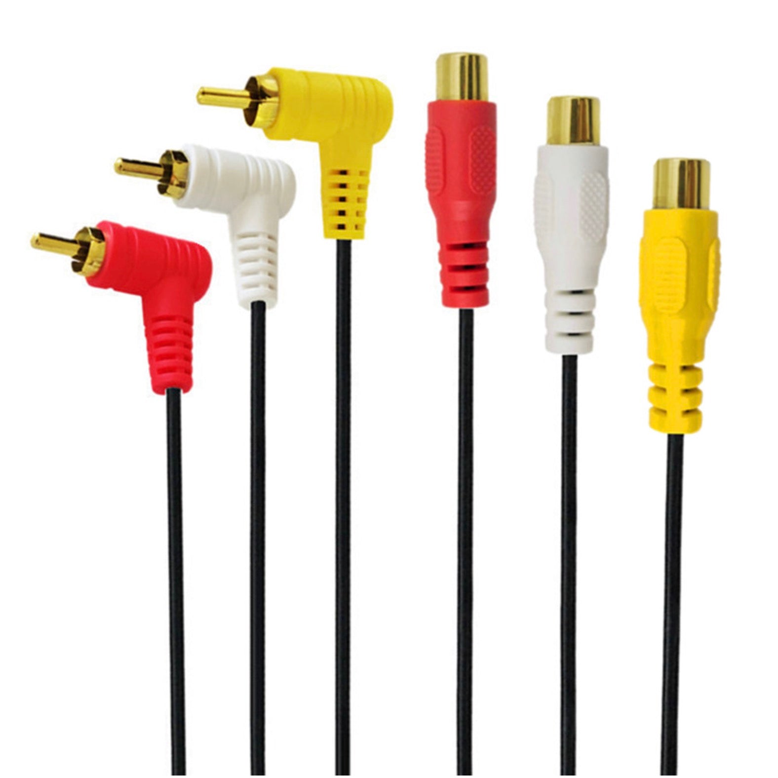 3 phono male to female audio video cable angled connectors