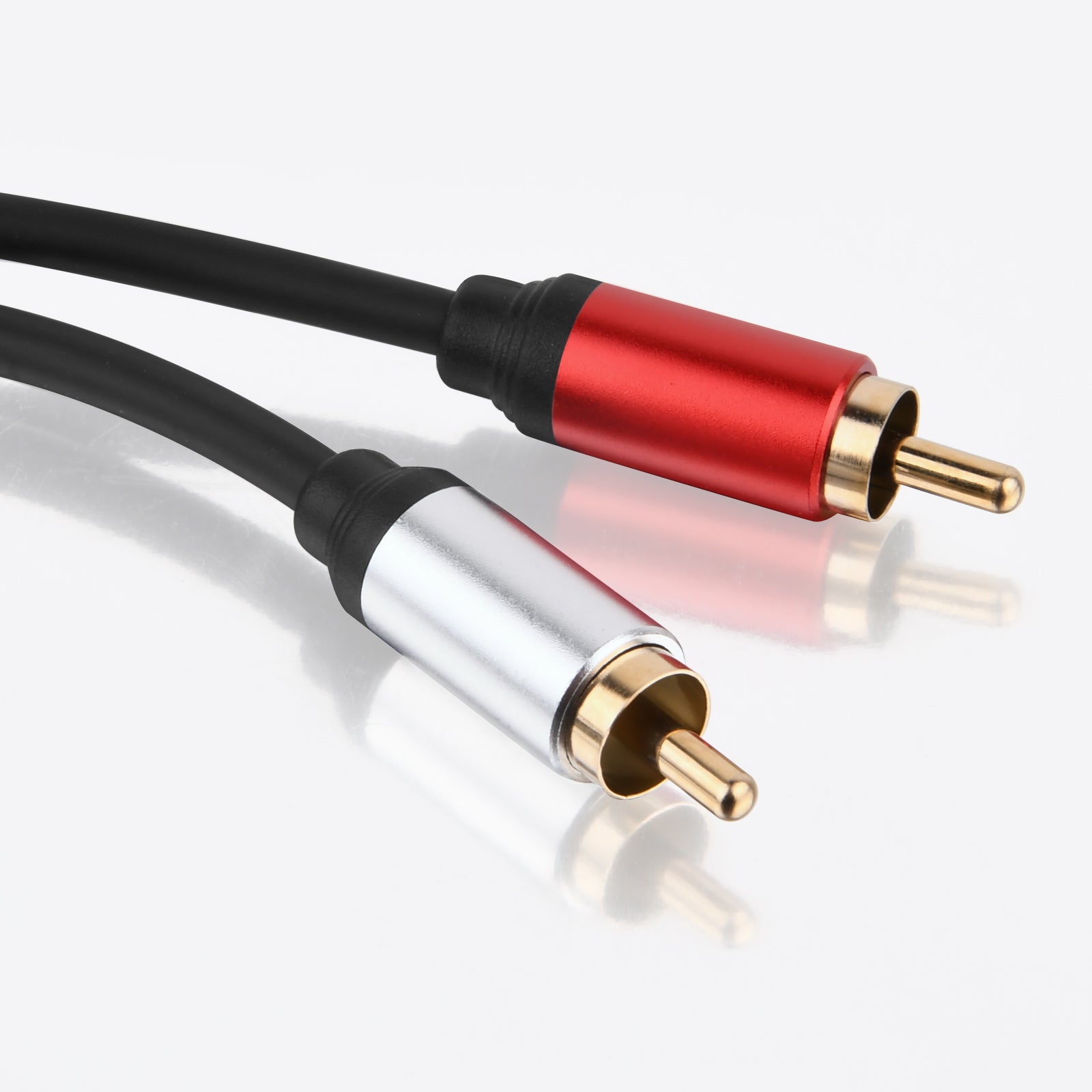 A black USB-C male to dual RCA male stereo audio converter cable with red and silver color scheme and gold plated connectors.