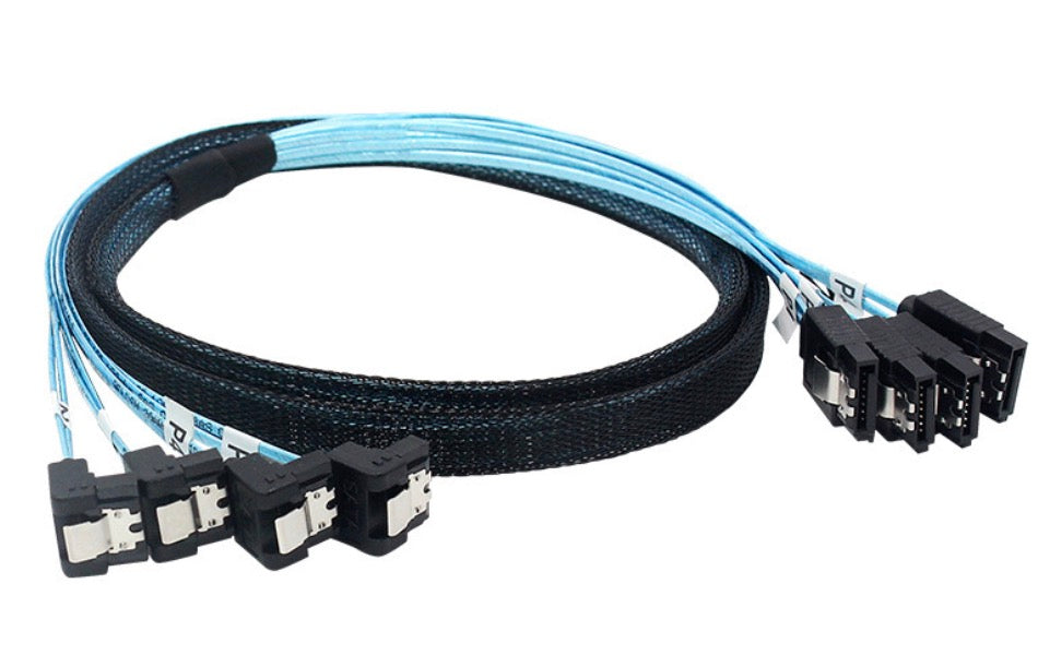 4-way SATA 7-pin male to right-angle SATA 7-pin male braided data cable