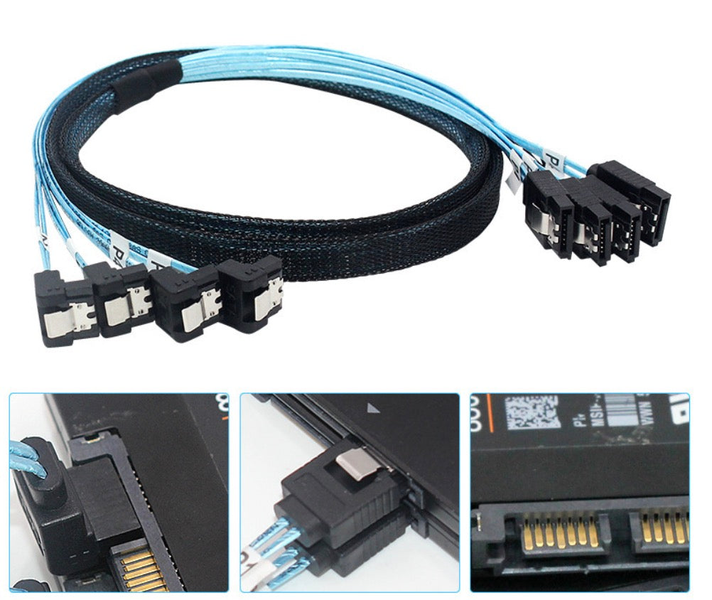 4-way SATA 7-pin right-angle data cable connected to multiple SSDs in a high-performance storage and RAID system
