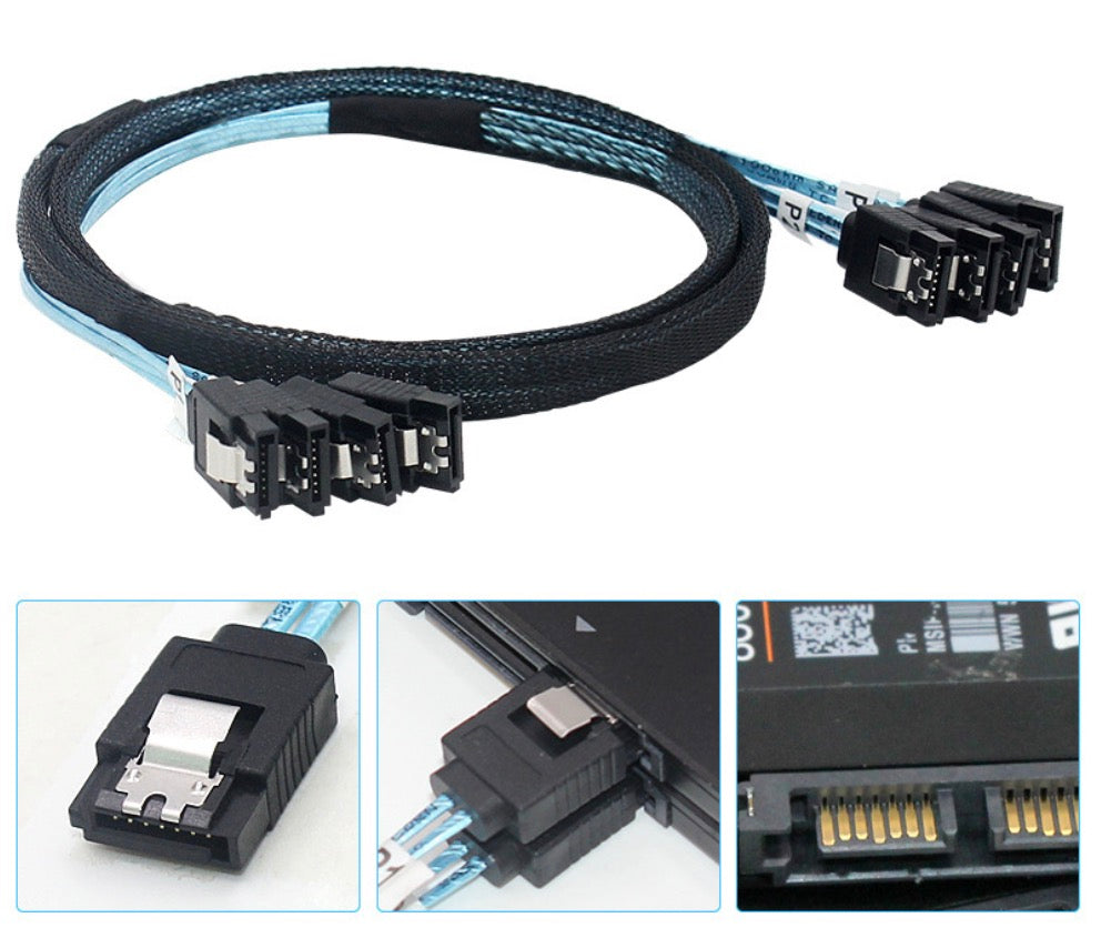 4-way SATA data cable installed in a server connecting multiple hard drives