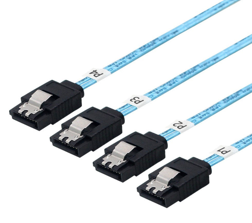 Close-up of four SATA 7-pin male connectors on the braided cable