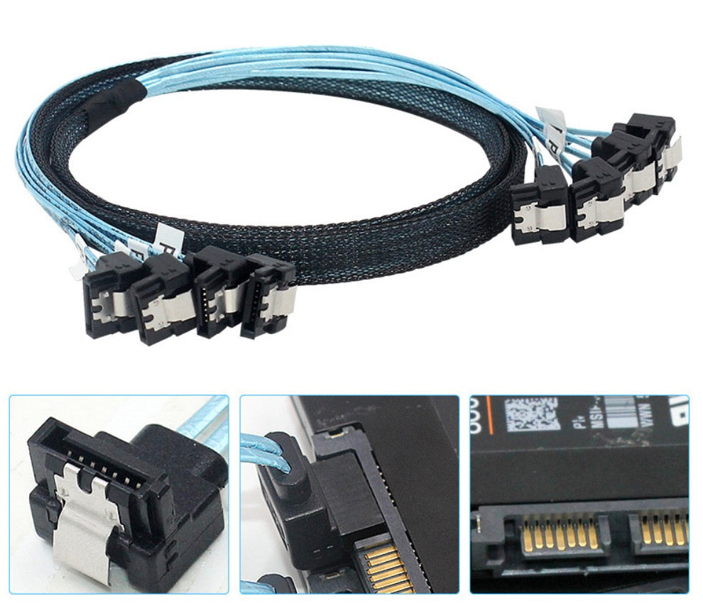 Four-way right-angle SATA cable connected to RAID controller and multiple SSDs
