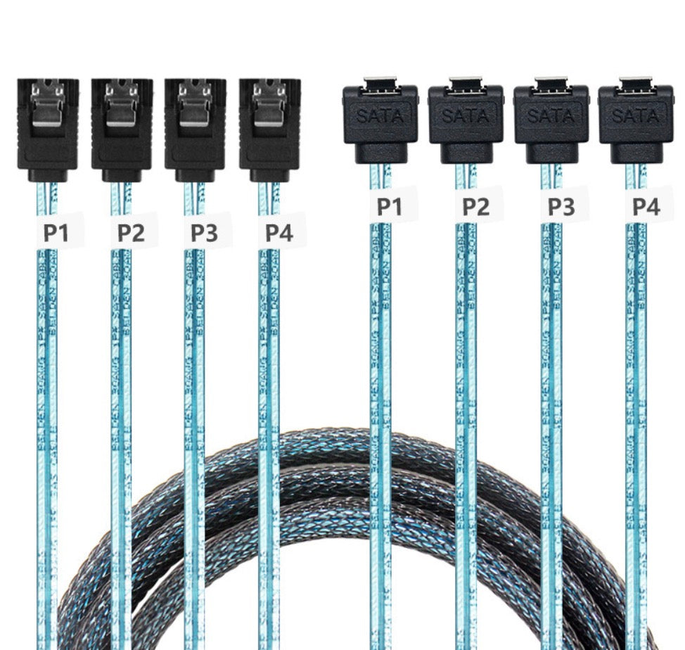 4-way SATA right-angle cable installed in a server with multiple SSDs