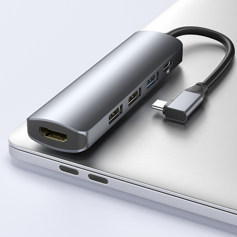 Angled view of compact aluminium 5-in-1 USB-C hub with integrated USB-C cable