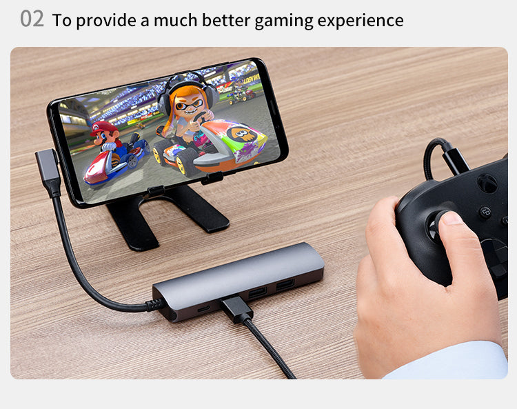 5-in-1 USB-C hub used with a tablet for display output and accessory connectivity