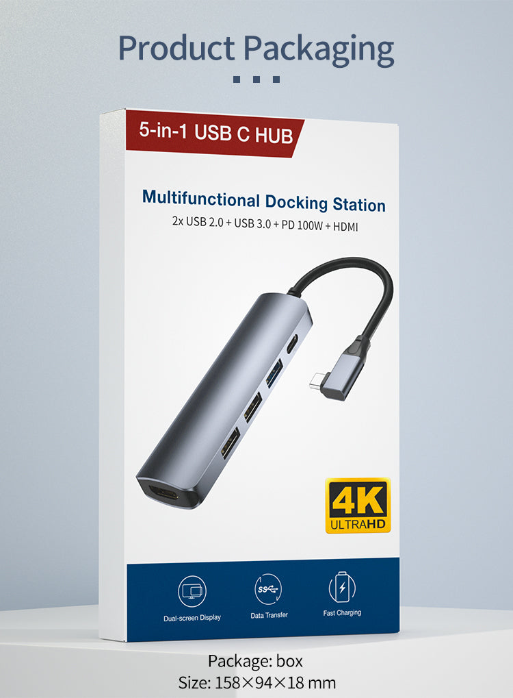 5-in-1 USB-C hub connected to external display, USB peripherals and power supply for an organised desktop workstation