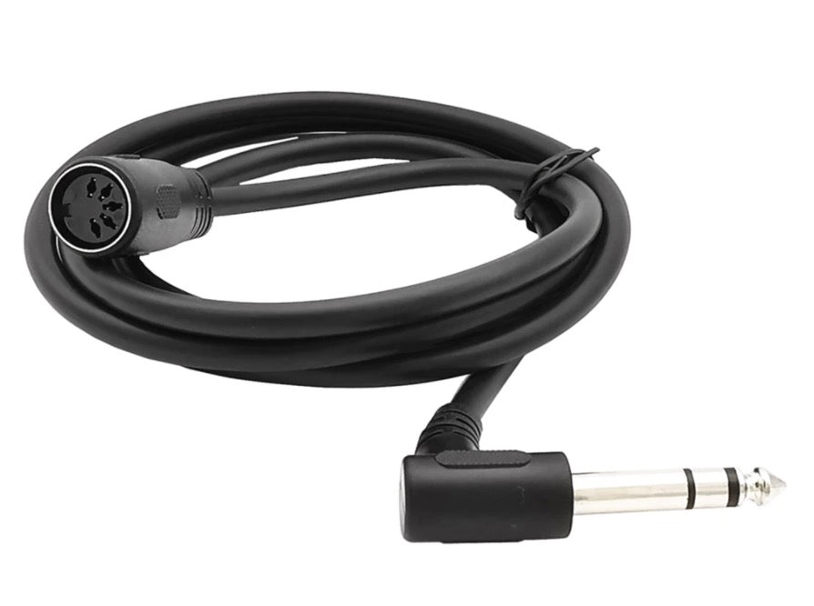 A black 6.35mm Audio Plug to MIDI 5-Pin Cable, with one male 6.35mm TRS connector and one female 5-pin DIN connector.