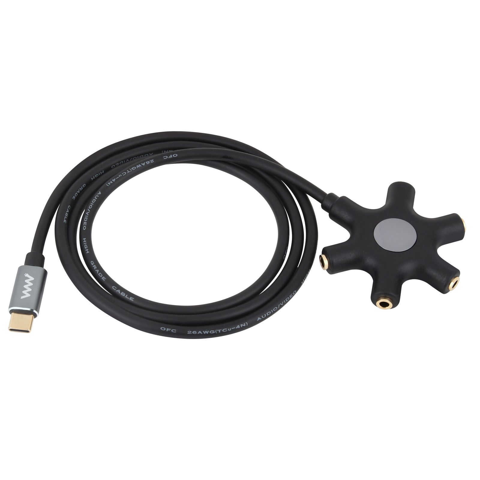 5-way headphone splitter connected to laptop