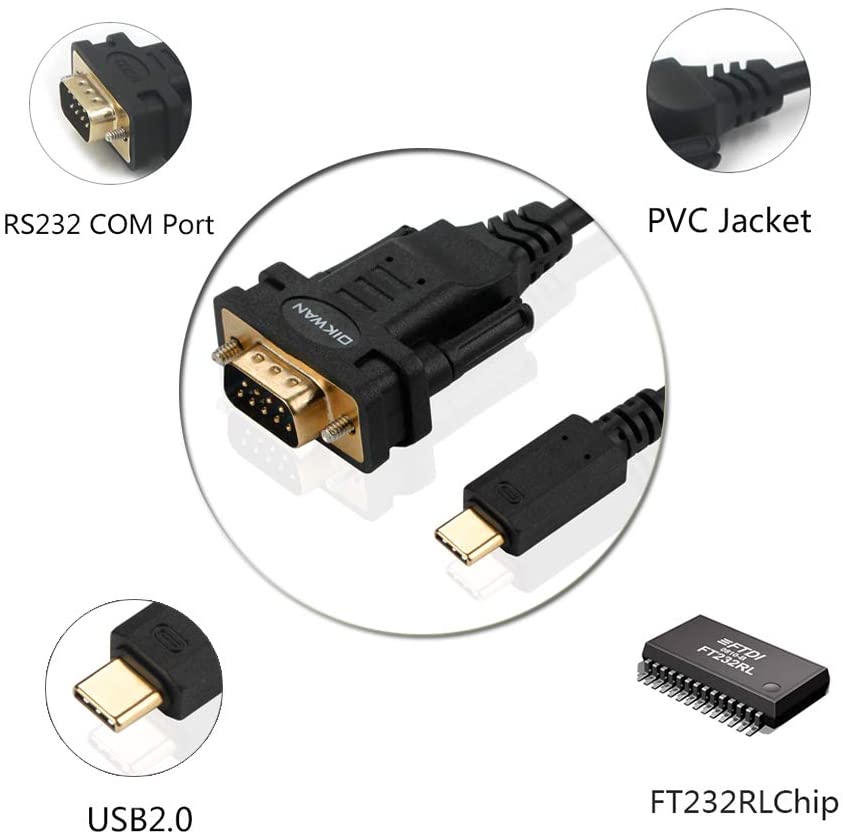 USB C to RS232 DB9 Serial Port Cable with FTDI Chipset