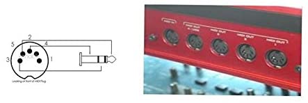 5 pin DIN male to 3.5mm TRS AUX audio cable on white background