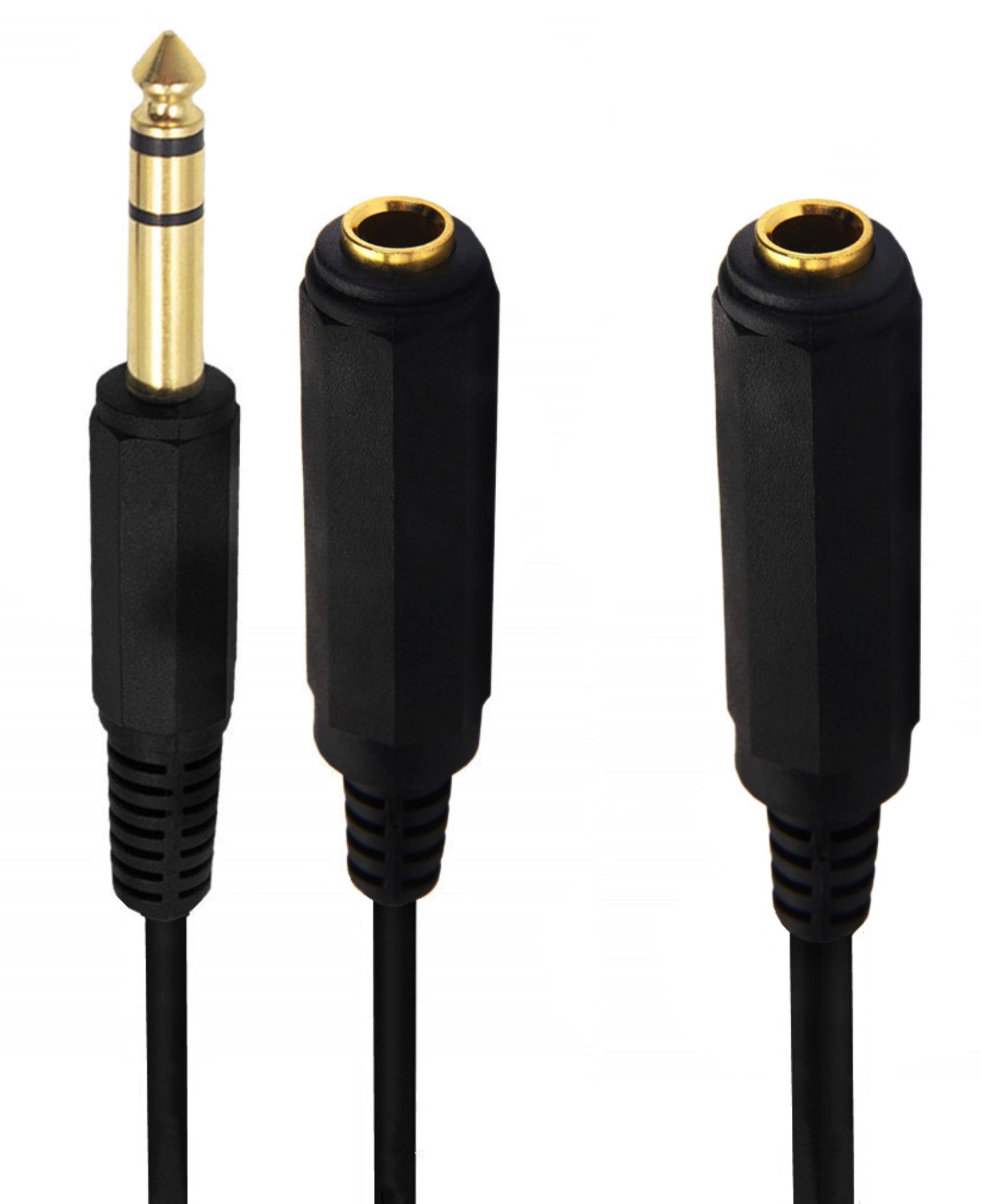 Close-up of dual 6.35mm TRS female sockets and gold-plated male connector
