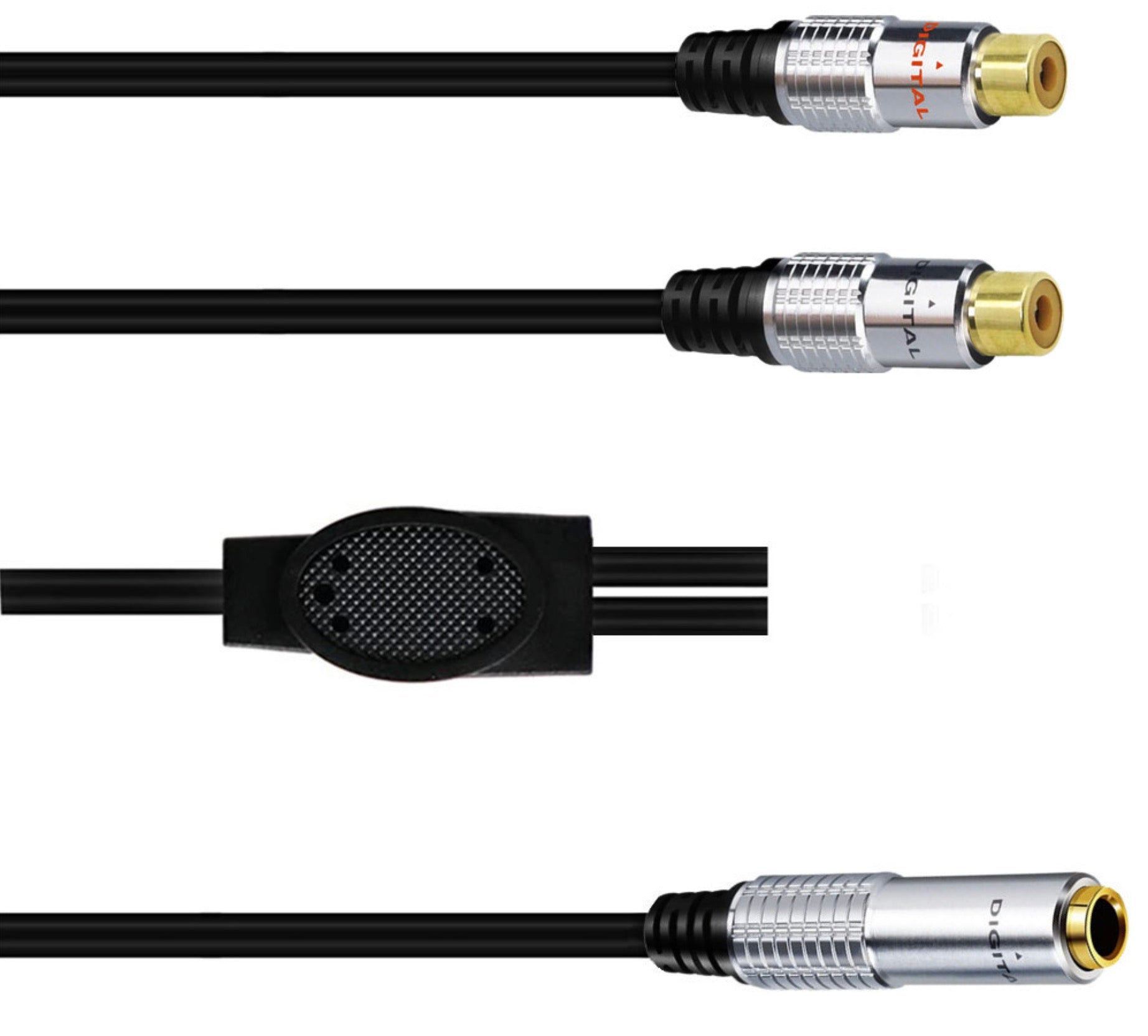 Detailed view of gold-plated 6.35mm and RCA audio connectors