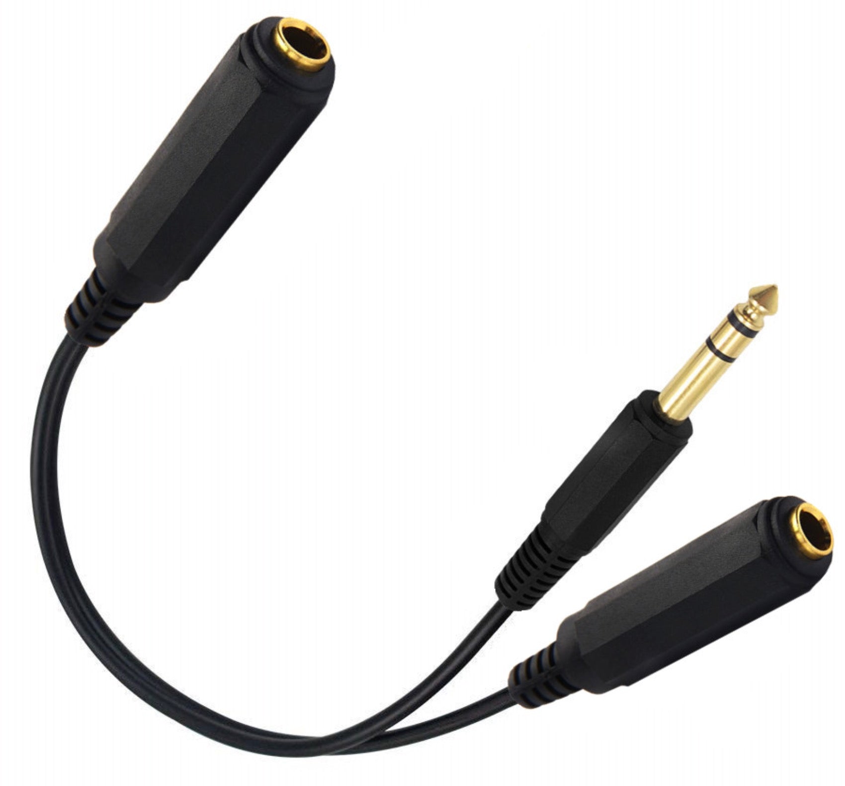 6.35mm stereo Y splitter cable connected to home Hi-Fi and audio equipment