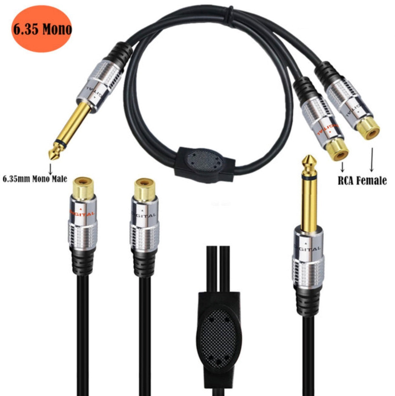 6.35mm ts male to dual rca female y audio splitter cable