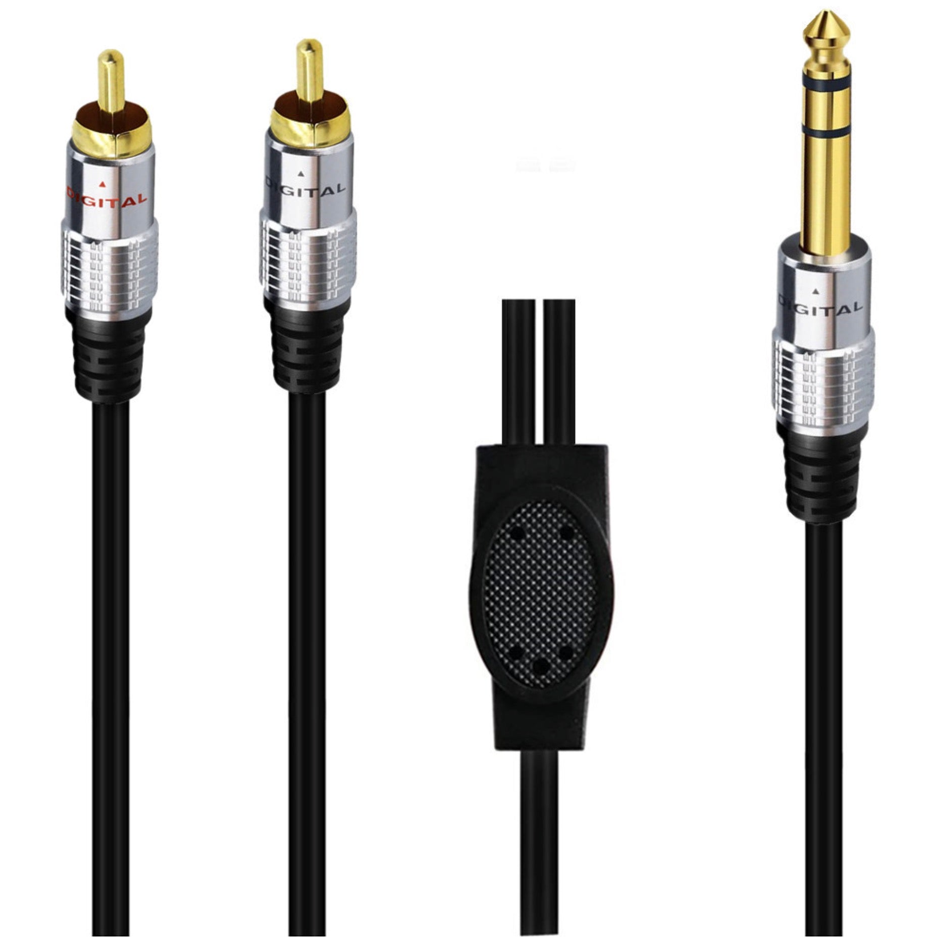 6.35mm TRS to dual RCA male splitter cable connected to a Hi-Fi amplifier and audio equipment