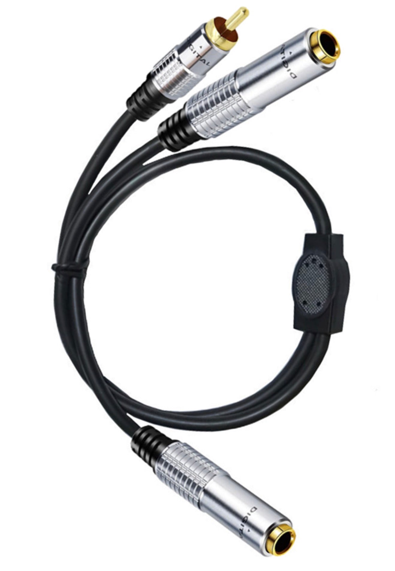 6.35mm to RCA audio adapter cable connected to a home Hi-Fi amplifier and stereo equipment