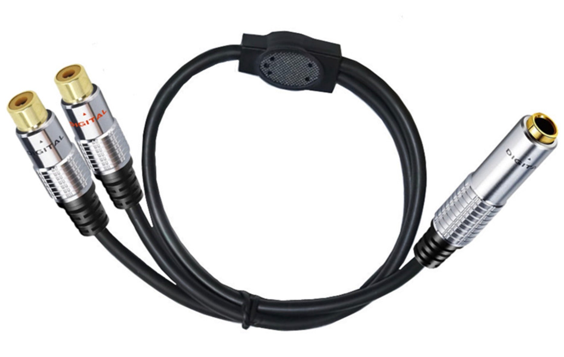 Overview of the 6.35mm TRS female to dual RCA female audio splitter cable