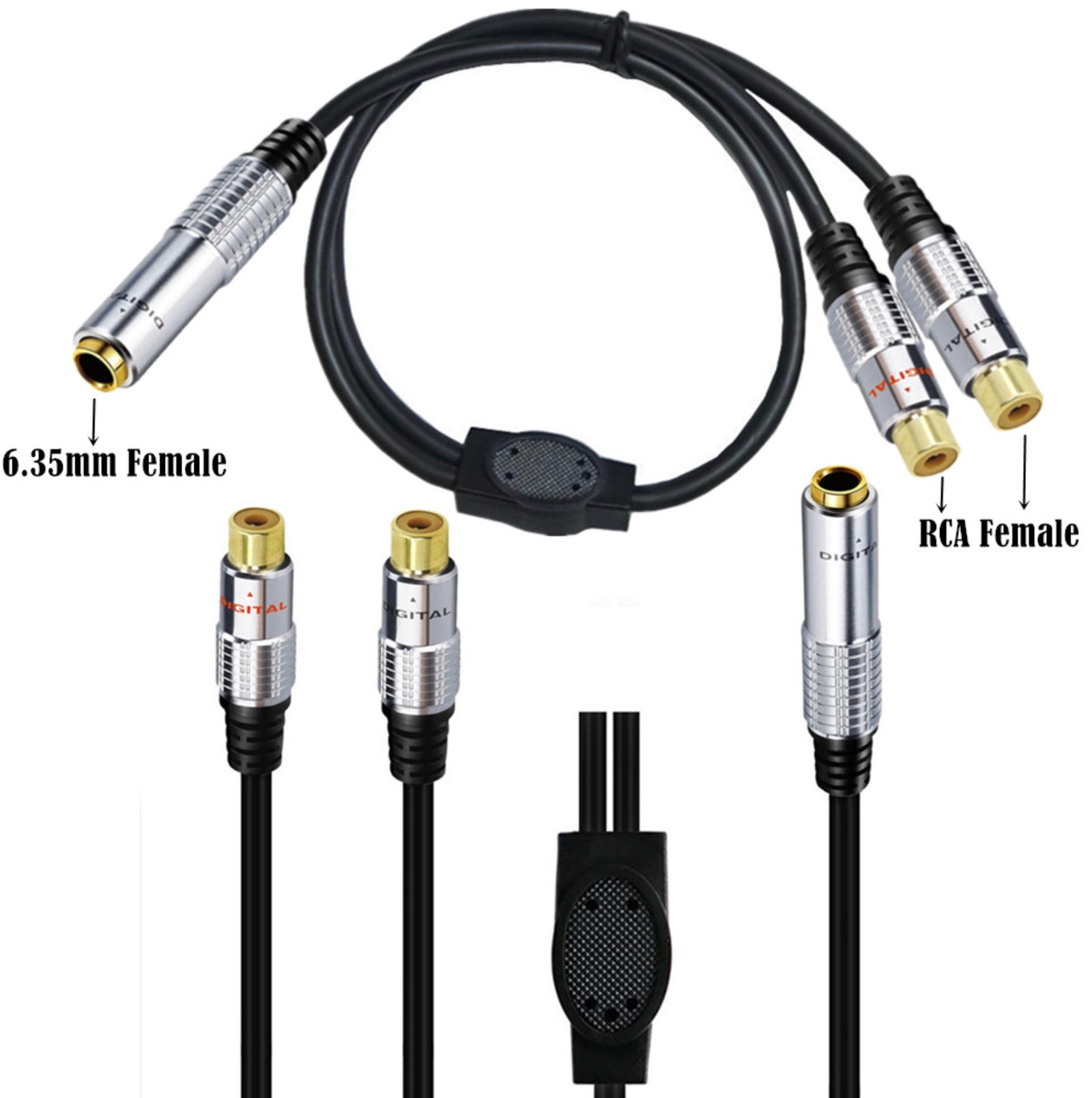 6.35mm TRS female to dual RCA female audio splitter cable connected between a mixer, amplifier and stereo audio equipment