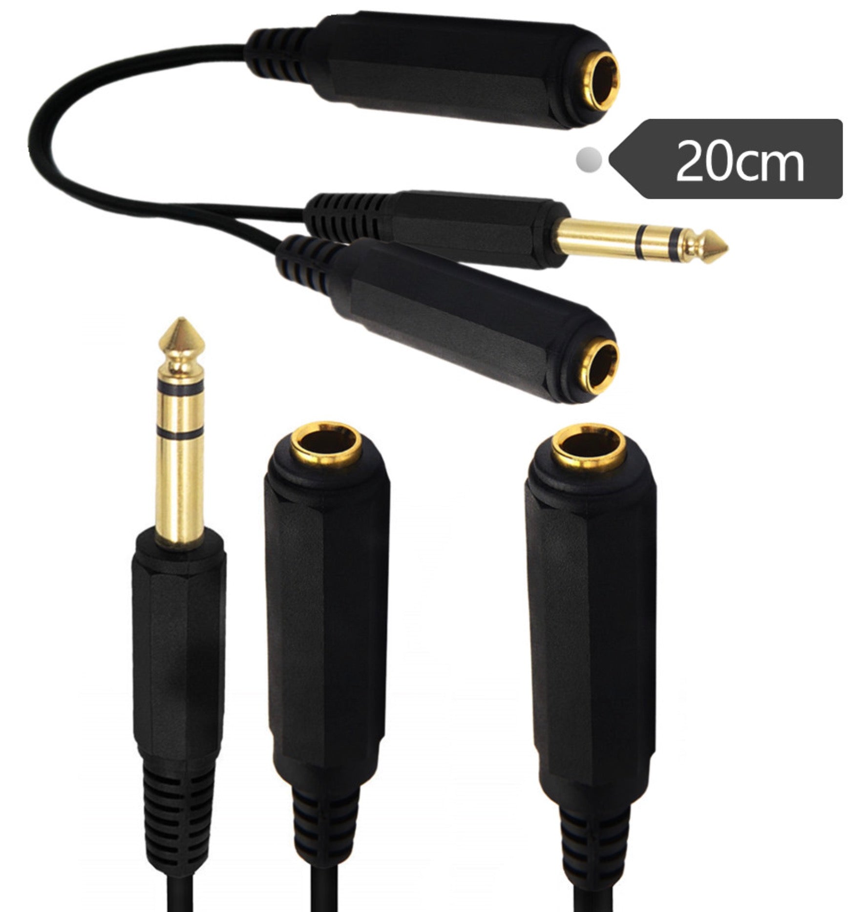 6.35mm TRS male to dual female splitter cable used with mixers and studio audio equipment