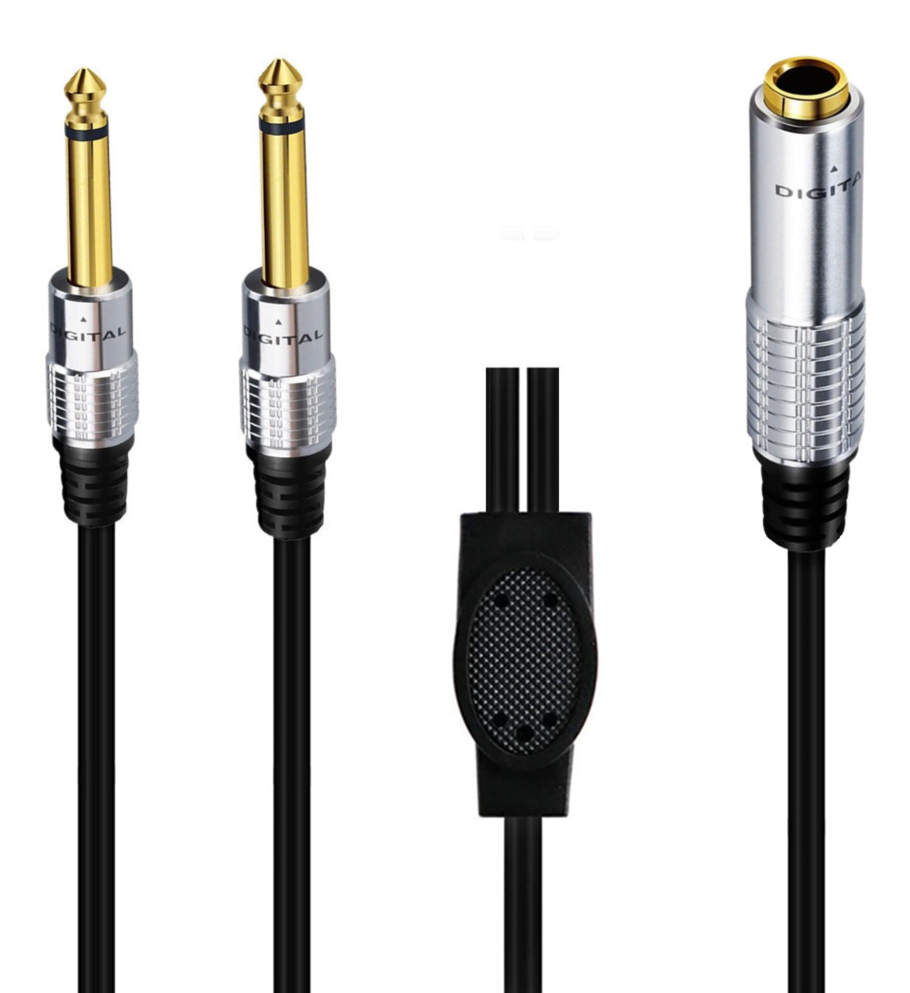 Close-up of dual 6.35mm TS mono male connectors and 6.35mm TRS female socket