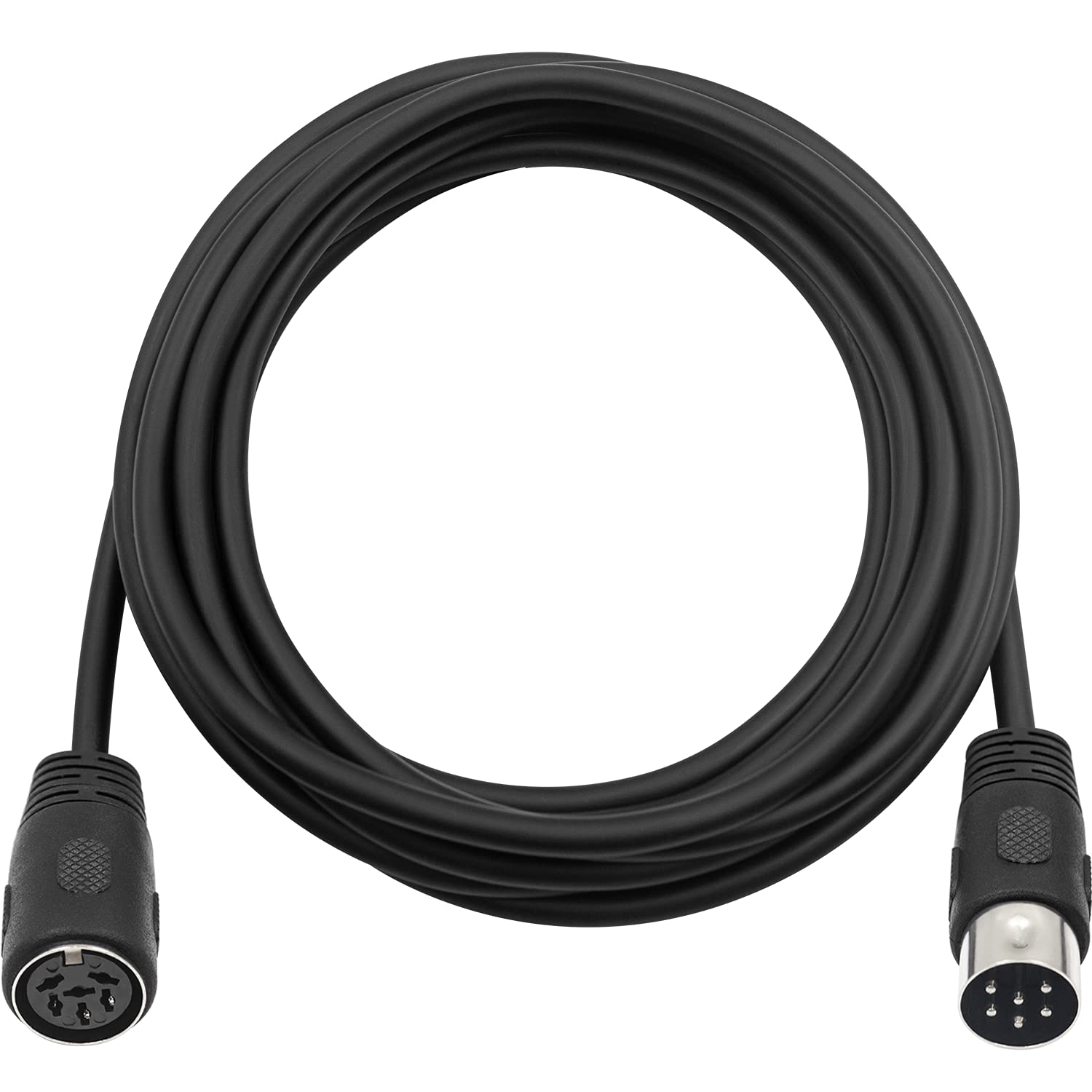 A black 6-pin Din male to female audio adapter cable.