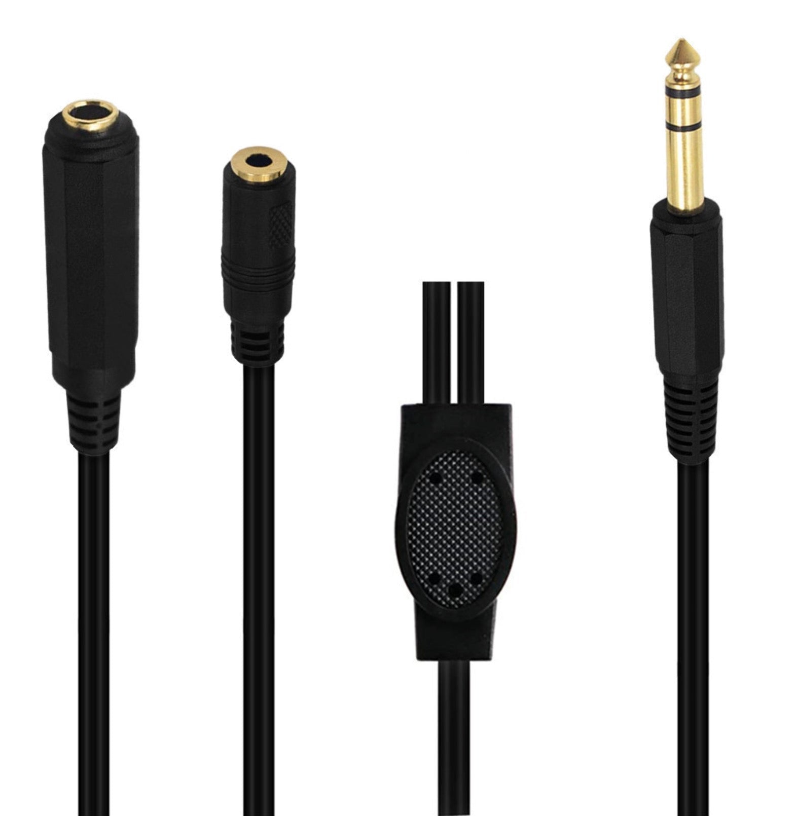 Black audio cable with gold connectors on a white background