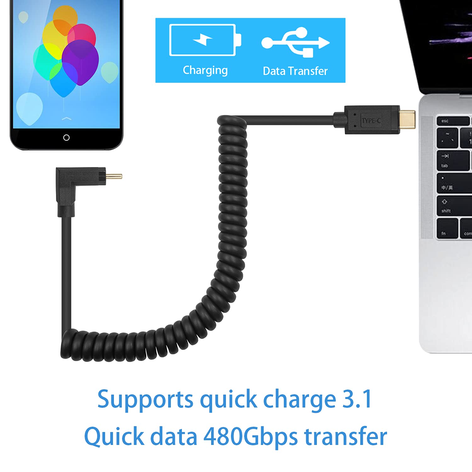 USB-C to USB-C Coiled Data Charge Cable 3A (Up / Down)