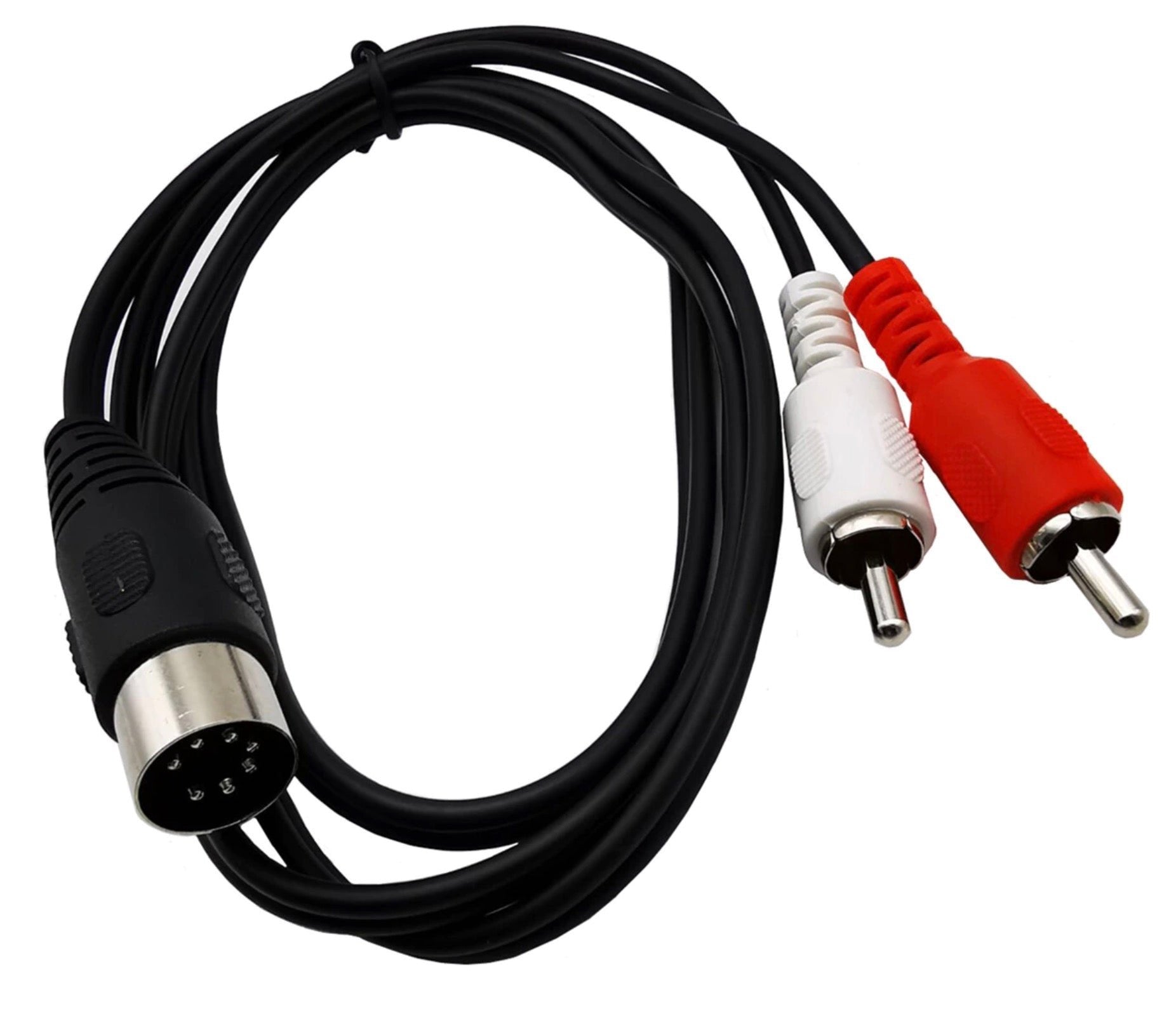 Coiled 7 Pin DIN male to dual RCA phono audio cable for Bang and Olufsen stereo systems