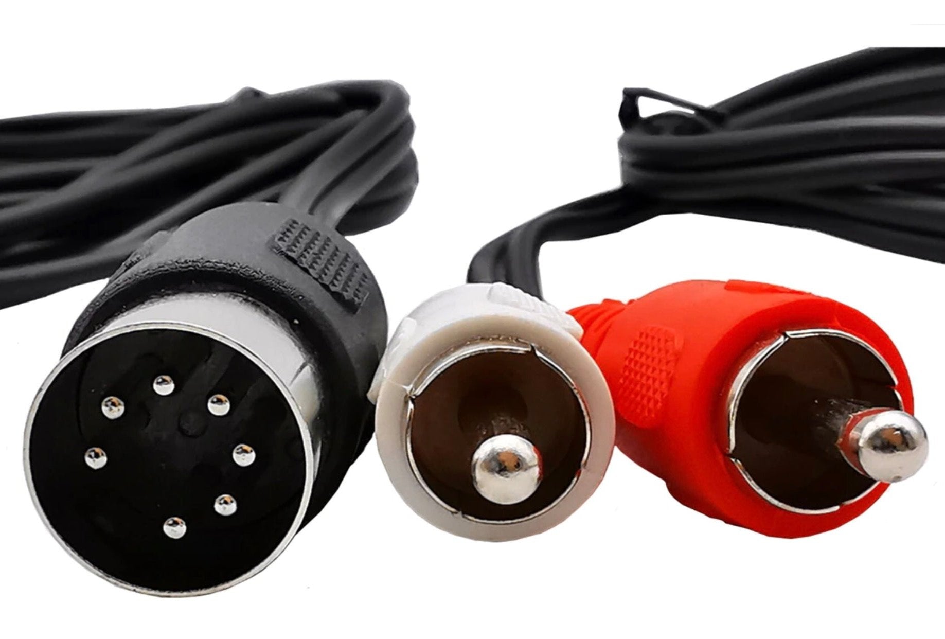 Detailed view of 7 Pin DIN male and dual RCA phono connectors for analogue audio equipment