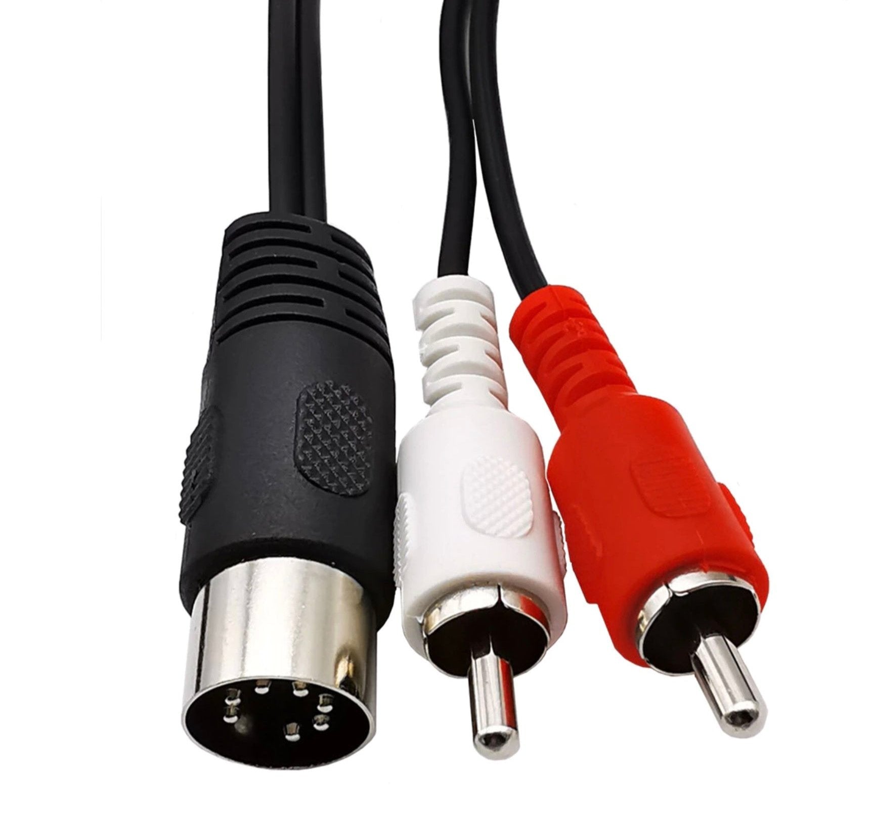 Close-up of 7 Pin DIN male connector and dual RCA phono male connectors